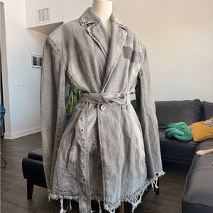 Casual Washed Gray Maxi Denim Trench Dress with Belt
